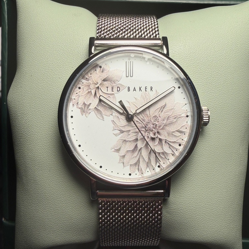 Brand New- Ted Baker Silver Mesh Bracelet Watch with Floral Dial